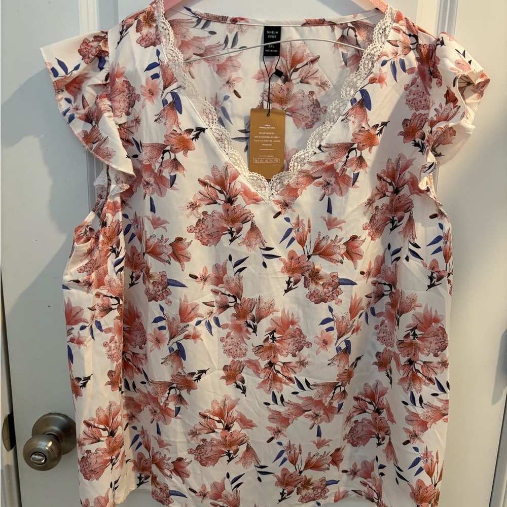 SHEIN Floral Ruffle Sleeve Blouse in Pink and White